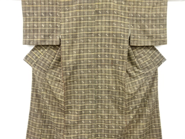 アンティーク　格子に絣柄織出手織り真綿紬着物